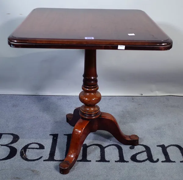 A 20th century mahogany tripod table with square top on three outswept supports, 60cm wide x 70cm high.