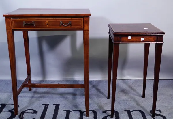 A late 19th century French mahogany single drawer side table, 54cm wide x 70cm high, and  a 20th century mahogany side table, 31cm wide x 61cm high, (