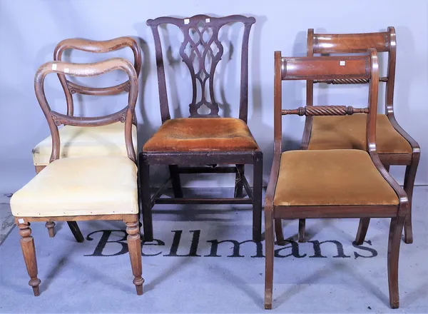 A set of six Regency style bar back dining chairs on sabre supports, a pair of Victorian rosewood kidney back dining chairs and a George III mahogany