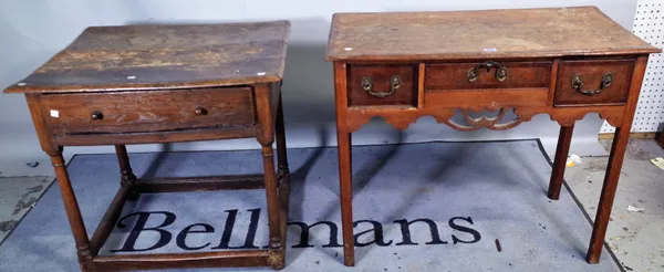 A George III mahogany and oak lowboy, with three frieze drawers, 83cm wide x 79cm high and an 18th century oak single drawer side table, 70cm wide x 6