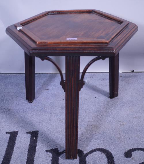 A Victorian mahogany inlaid four tier corner what-not, 56cm wide x 137cm high, and a Regency mahogany hexagonal cellarette stand, 41cm wide x 42cm hig