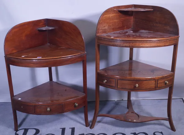 A Regency mahogany and ebony strung corner washstand with single drawer, 65cm wide x 104cm high, and another similar, 64cm wide x 93cm high, (2).