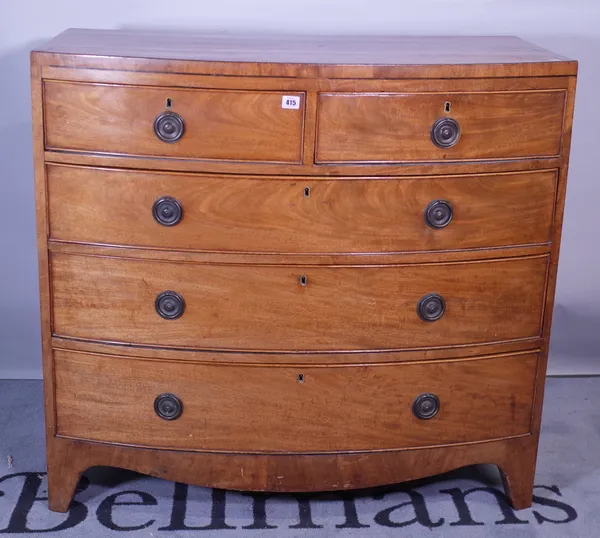 A late Regency mahogany bowfront chest of two short and three long graduated drawers, 103cm wide x 98cm high.