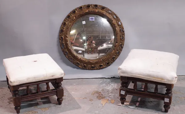 A pair of late Victorian stained pine rectangular footstools, 30cm wide x 20cm high, and a Regency style gold painted convex wall mirror, 41cm diamete