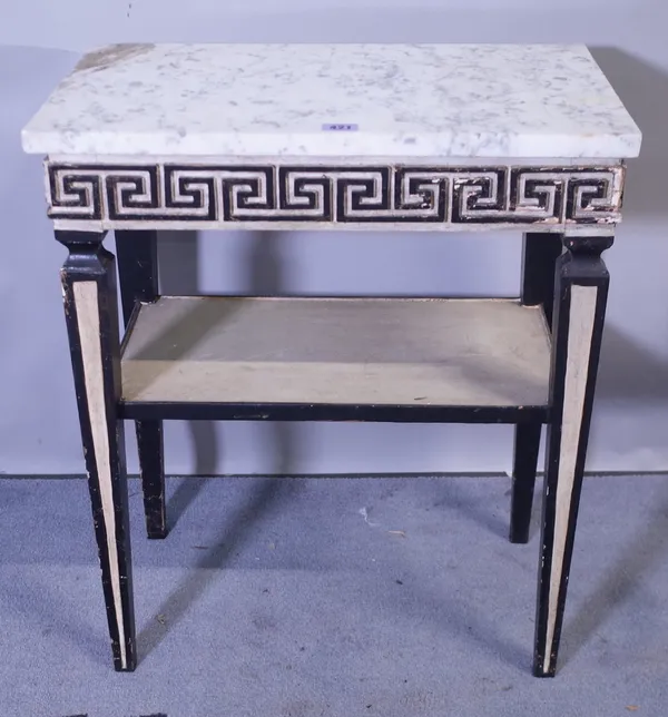 A 20th century marble topped rectangular side table with green key border decoration on tapering square supports, 53cm wide x 62cm high, and a 19th ce