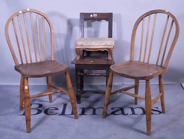 A 17th century oak child's open back side chair, a pair of ash and elm scullery chairs and a late 19th century elm topped stool (4).