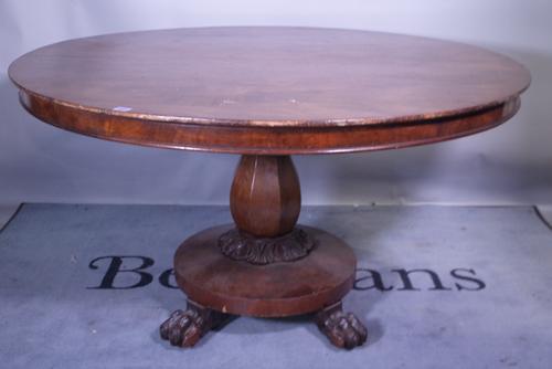A Victorian mahogany circular dining able octagonal tapering column on plinth base supported by claw feet, 132cm wide x 78cm high.  Provenance; proper