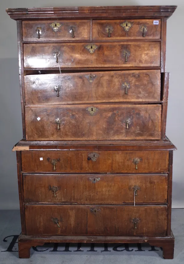 An 18th century and later walnut tallboy with two short and six long graduated drawers on bracket feet, 104cm wide x 156cm high.