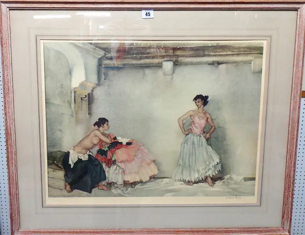 Sir William Russell Flint (1880-1969), Casilda's white petticoat; The Trio, two colour prints, both signed in pencil, the larger 47.5cm x 62cm.(2)