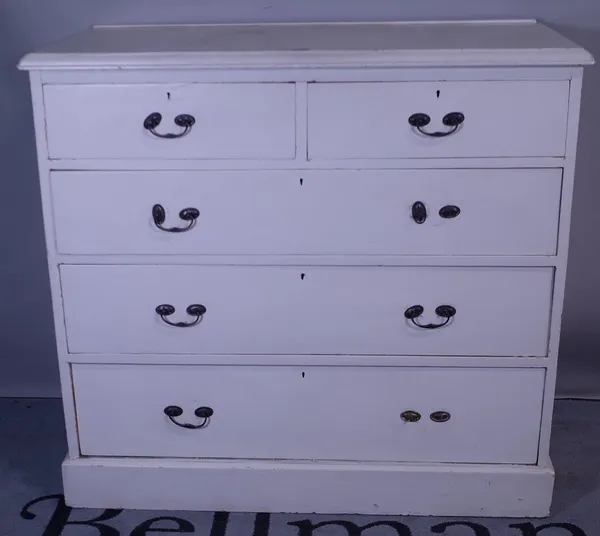 A 20th century white painted pine chest of two short and three long graduated drawers, on a plinth base, 100cm wide x 93cm high.