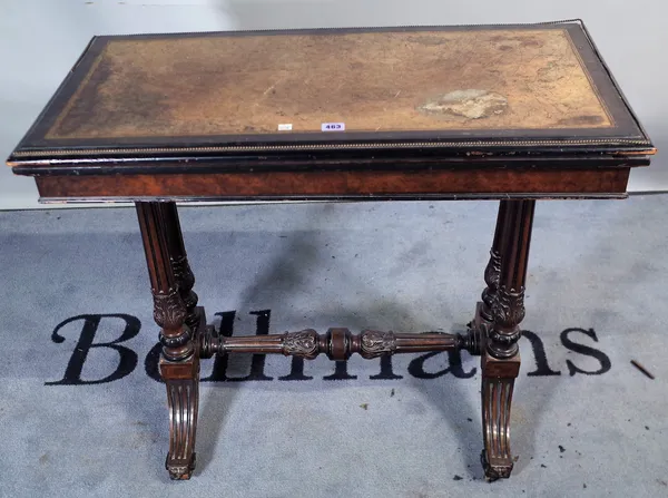 A Victorian figured walnut gilt metal mounted rectangular card table, on acanthus carved fluted supports, 87cm wide x 75cm high.