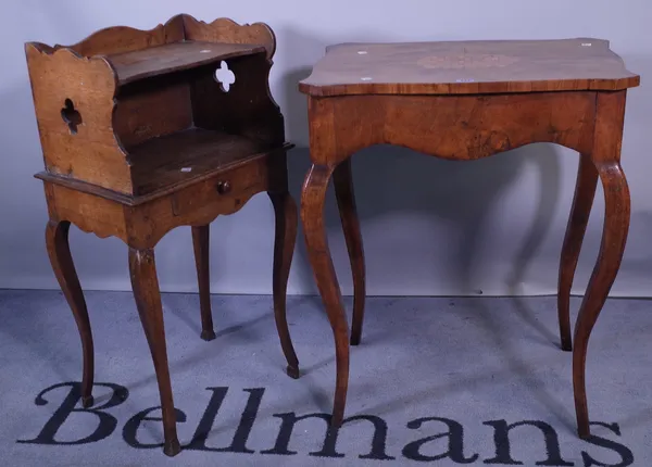 A mid-19th century French rectangular walnut occasional table, on squared cabriole supports, 59cm wide x 75cm high, and a 19th century French oak beds