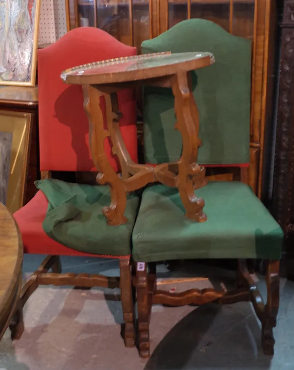 In the manner of Robert Lorimer; a pair of limed oak arch top side chairs and a 19th century oval mirror topped pitch pine side table, 51cm wide x 53c