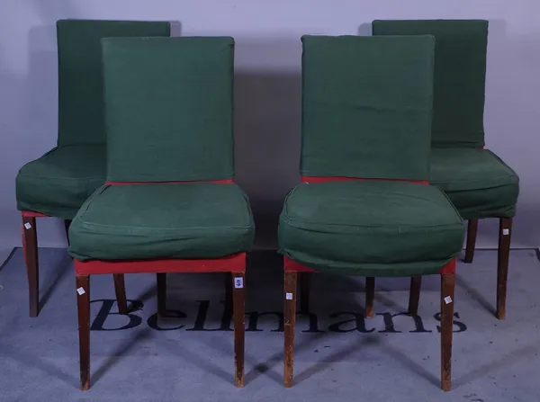 A set of four early 20th century stained pine dining chairs, on sabre supports and an early 20th century Lutyens style low armchair with blue upholste