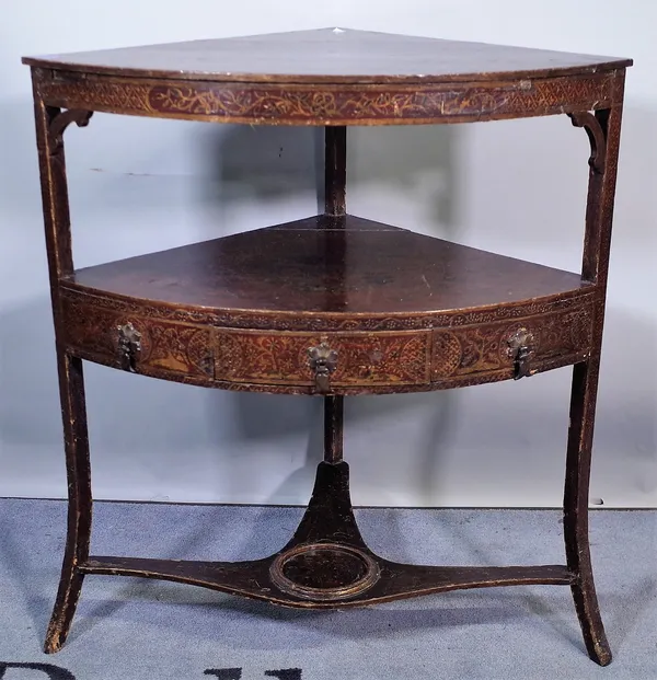 A 19th century parcel gilt and red Japanned corner washstand, with chinoiserie decoration, having a single drawer, on tapering supports, 73cm wide x 8