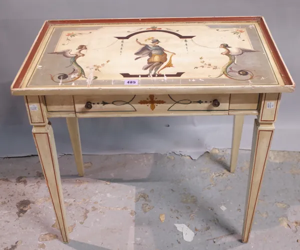 A Louis XVI style grey and polychrome painted tray table, with a single drawer on tapering square supports, 65cm wide x 61cm high.