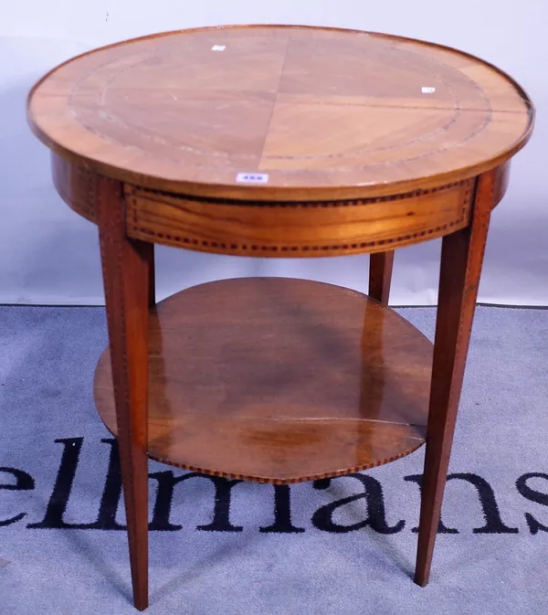 A 19th century Dutch mahogany inlaid two tier centre table, on tapering square supports, 63cm wide x 71cm high.