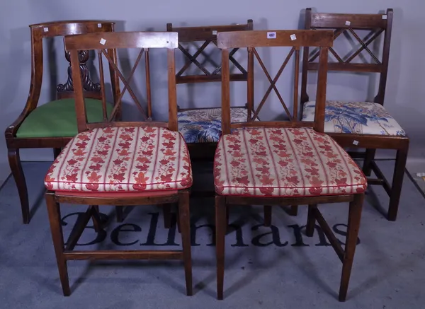 Two pairs of 19th century provincial side chairs, a Russian Empire style walnut chair and a mahogany dining chair, (6).