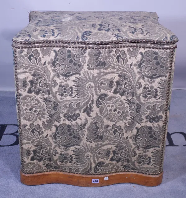 A George V serpentine log bin, with studded foliate upholstery, 65cm wide x 69cm high.