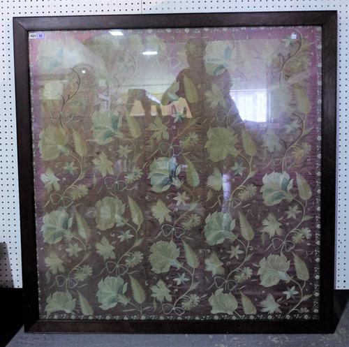 An 18th/19th century Continental silk work large panel, burgundy red ground with repeating decoration of hand stitched ribbon tied floral spray, 125cm