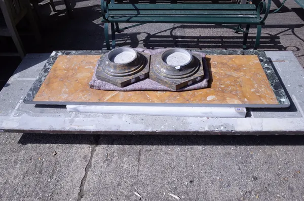 A pair of marble hexagonal stands, 40cm diameter, and two composite marble tops, (4).