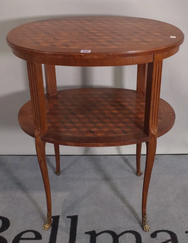 An early 20th century French cube parquetry inlaid and two tier occasional table, on cabriole supports, 66cm wide x 83cm high.