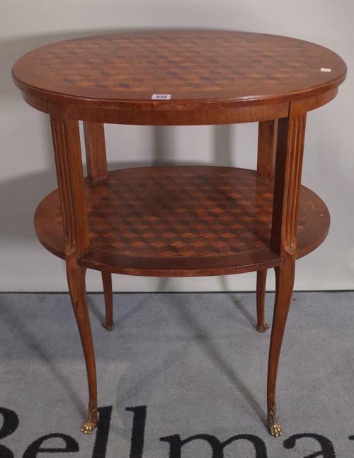 An early 20th century French cube parquetry inlaid and two tier occasional table, on cabriole supports, 66cm wide x 83cm high.