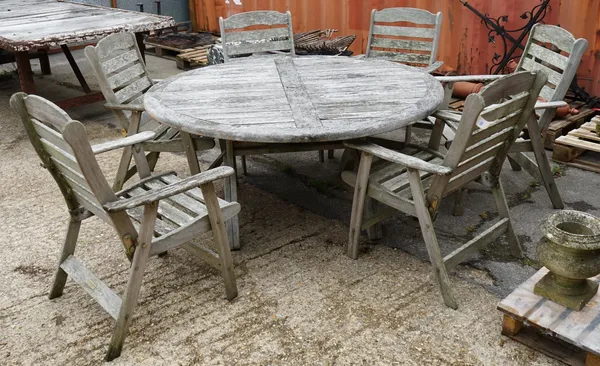 Suncoast Kwila; a set of six 20th century hardwood garden chairs and a Pacific Kwila circular hardwood garden table,  153cm wide x 71cm high, (7).