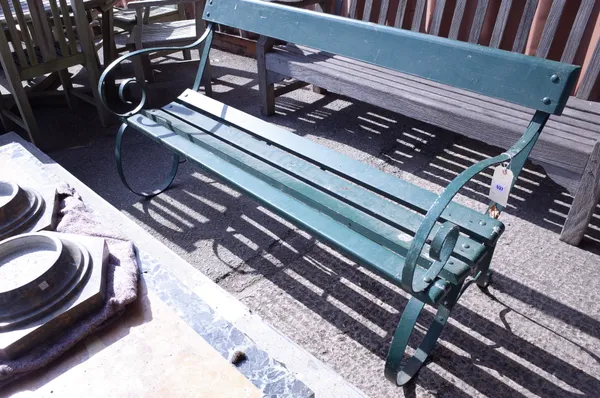 A 20th century green painted wrought iron strapwork garden bench, 150cm wide x 95cm high.