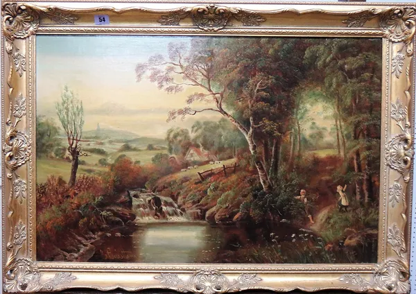 E** Biusstus? (19th/20th century), Children playing in a river landscape, oil on canvas, indistinctly signed, 49cm x 75cm.