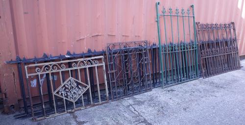 A length of 21.6 metres of iron fencing, two wrought iron gates, a late Victorian wrought iron gate and a quantity of other gates and railings, (qty).