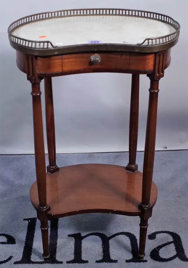 A 20th century French marble top, kidney shaped, two tier occasional table, 45cm wide x 76cm high.