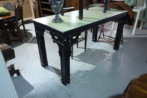 A pair of 18th century style ebonised console tables, with blind fret decoration and egg and dart frieze, 176cm wide x 92cm high, (2).