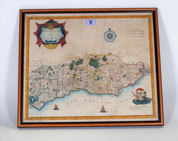 A Mordens map of Sussex (circa.1720) framed and glazed, 46cm wide x 39cm high.