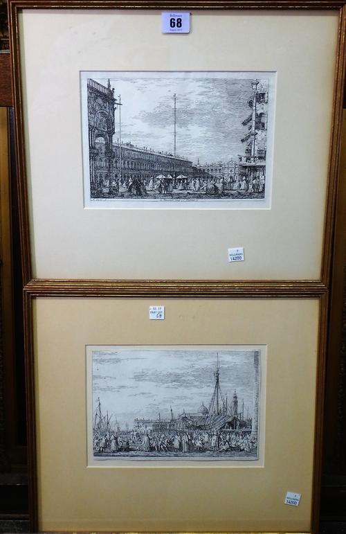 After Canaletto, St Mark's Square; Riva degli Schiavoni, a pair of engravings, Knoedler Gallery labels, each 14cm x 20.5cm.(2)