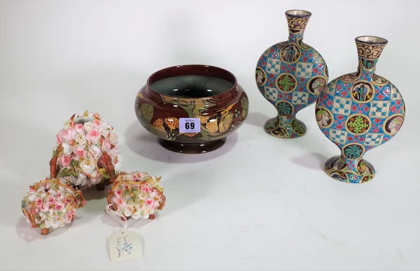 A Dutch Rozenburg bowl, a pair of moonflask vases and three floral encrusted vases, (6).