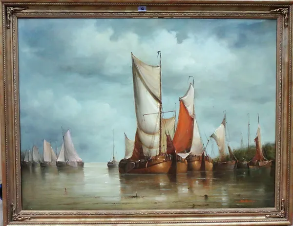 Manner of Jean Laurent, Boats at anchor, oil on canvas, bears a signature, 75cm x 100cm.