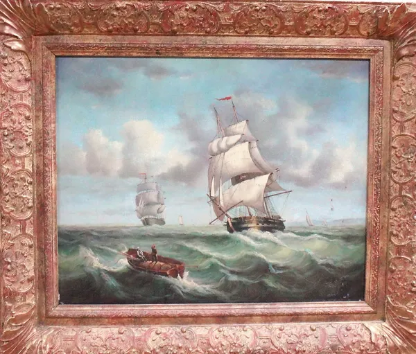 Continental School (20th century), Vessels at sea, oil on panel, 39cm x 49cm.