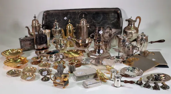 Assorted silver plated wares including; six coffee/chocolate pots, cheese dish and stand, two pairs of sauceboats, assorted shell shaped dishes, small