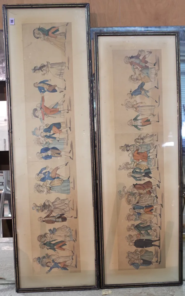 Two large early 19th century frieze prints, humorous dancing scenes, the largest 130cm x 24cm, (2).
