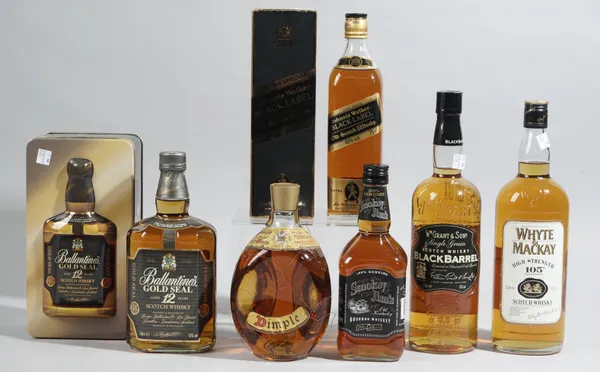 Six bottles of whisky, comprising; Grant & Sons Black Barrel, Whyte & Mackay High Strength 105% overproof, Johnnie Walker Black Label, Ballentines twe