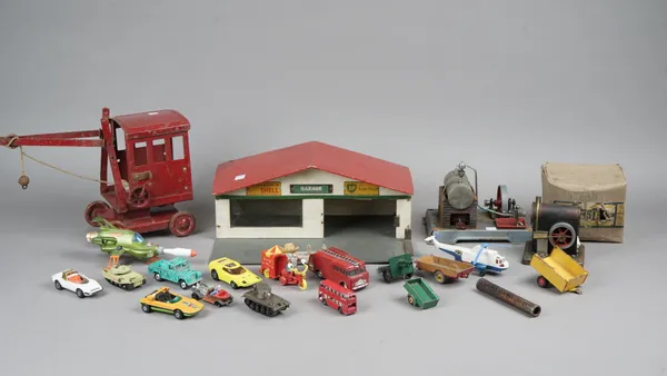 Collectable vintage toys, including; a Tri-ang crane, a German steam engine, a quantity of die-cast vehicles and sundry, (qty).