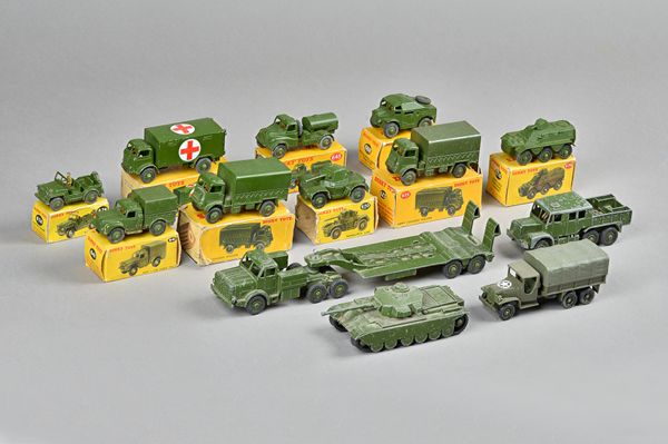 A quantity of Dinky military vehicles including; 641 Army 1-ton cargo truck, 643 Army water tanker, 626 military ambulance, 676 Armoured personnel car