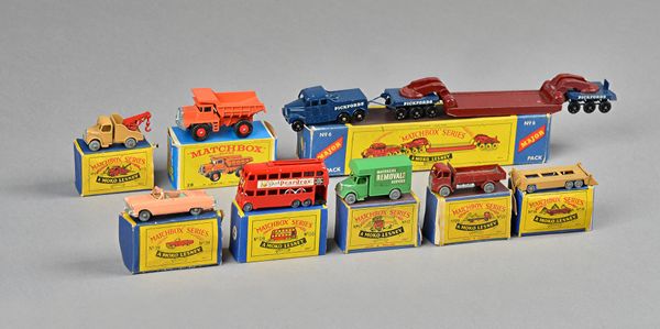 Eight 'Matchbox' series die-cast vehicles by Moko Lesney comprising; No 6 Major Pickford's 200 ton transporter, 56 double-decker bus, 39 Ford Zodiac,