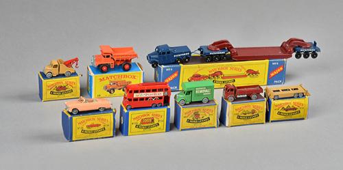 Eight 'Matchbox' series die-cast vehicles by Moko Lesney comprising; No 6 Major Pickford's 200 ton transporter, 56 double-decker bus, 39 Ford Zodiac,