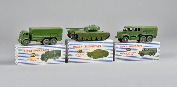 Three Dinky Supertoys military vehicles, comprising; 622 10 ton army truck, 651 centurion tank and 689 Medium artillery tractor, all boxed, (3).