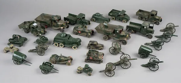 A quantity of Britains hollow cast lead, pre-war, military vehicles, gun carriages and related accessories, (qty).