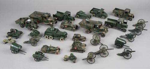 A quantity of Britains hollow cast lead, pre-war, military vehicles, gun carriages and related accessories, (qty).