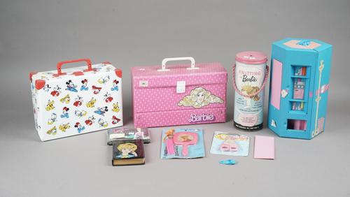 Vintage 'Barbie' doll accessories including; knitting, autograph book, dictionary 'dress up', Barbie boutique, folding wardrobe and house, various sti