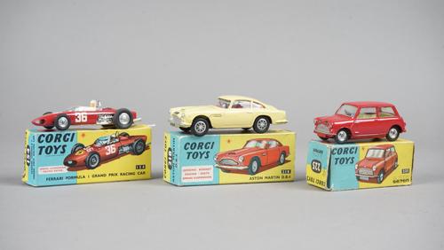 Three Corgi die-Cast vehicles, comprising; 225 Austin Seven, 154 Ferrari Formula 1 Grand Prix racing car and 218 Aston Martin D.B.4, all boxed, (3).